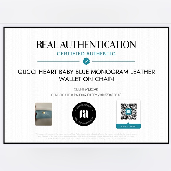 💯 GUCCI Heart Baby Blue Monogram Leather Wallet on Gold Chain w/ auth cert - Picture 13 of 13